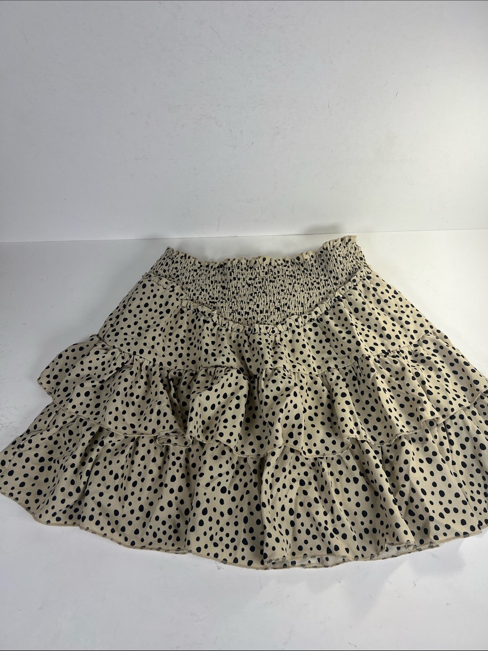 Alya Tiered Smocked Polka Dot Mini Skirt - Beige & Black